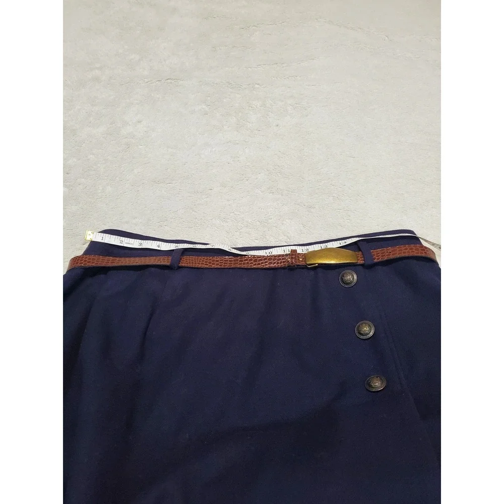 Vintage Navy Blue Wool A Line Wrap Belted Skirt 20W Academia Twee Office Classic - Picture 8 of 9
